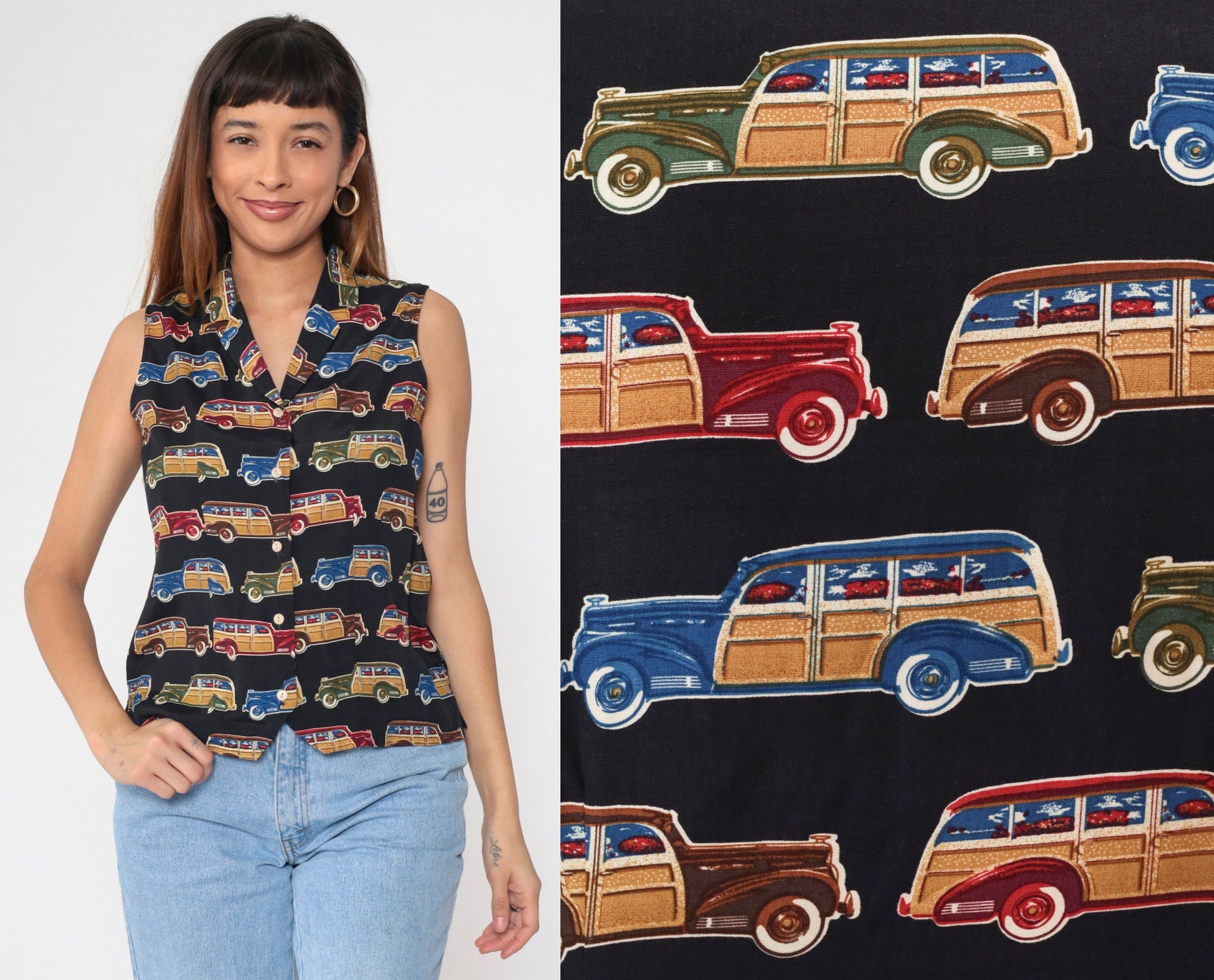 90s Classic Car Print Sleeveless Button-Up Blouse White Collar Small