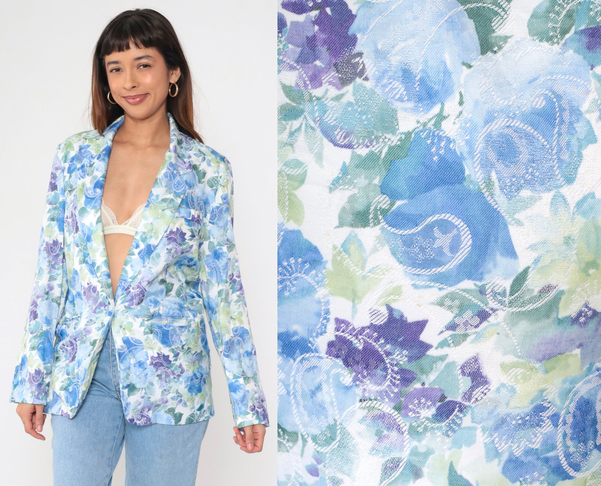 90s Floral Jacquard Blazer Blue Green Paisley Notch Lapel Medium