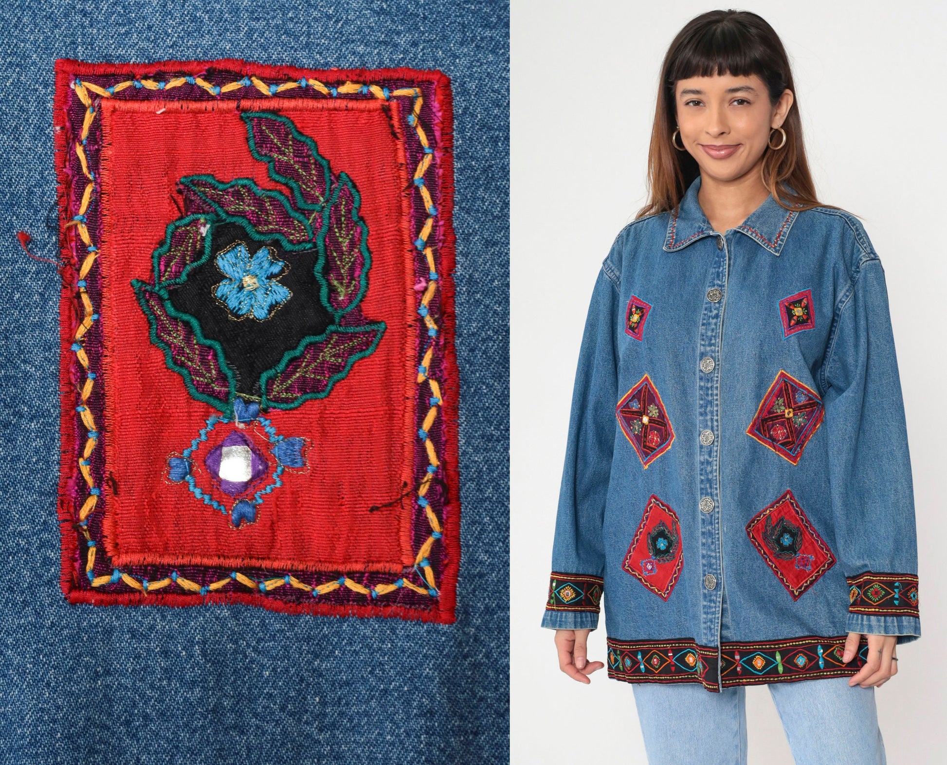 90s Floral Embroidered Denim Jacket Shisha Mirror Work Blue Cotton Extra Large