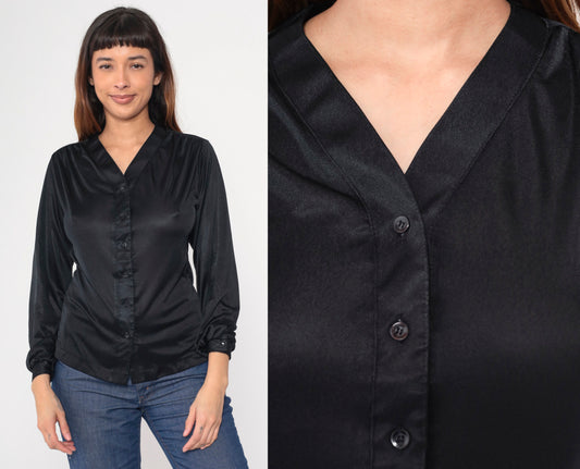 70s Black Polyester Button-Up Blouse V-Neck Long Sleeve Small S