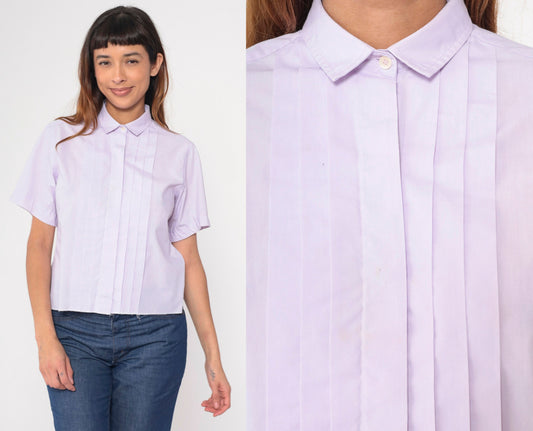80s Lavender Pleated Button-Up Blouse Short Sleeve Cotton Blend Medium