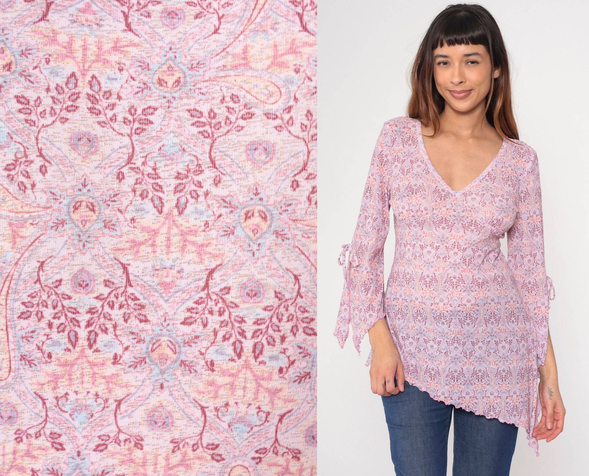 Y2K Paisley V-Neck Blouse Pink Bell Sleeve Asymmetrical Lettuce Edge Large L