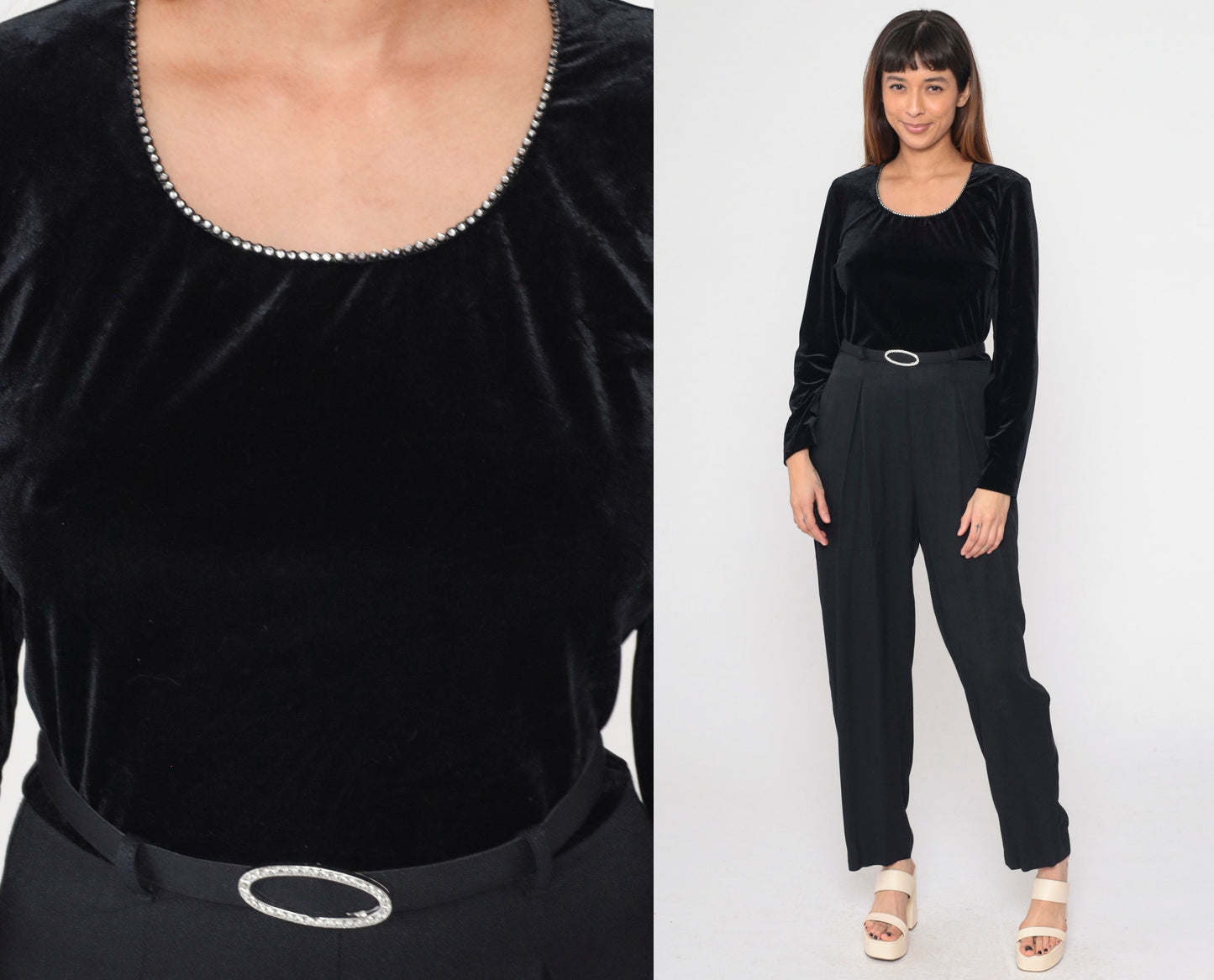 90s Black Velvet Jumpsuit Rhinestone Scoop Neck Tapered Long Sleeve Medium