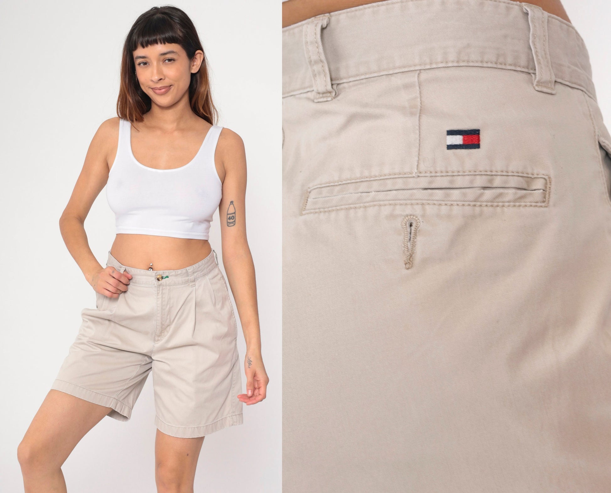 90s Tommy Hilfiger Khaki Pleated Shorts High Waist Cotton Medium