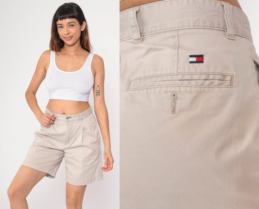 90s Tommy Hilfiger Khaki Pleated Shorts High Waist Cotton Medium
