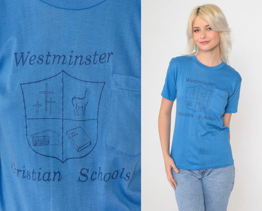 80s Westminster Christian Schools Logo T-Shirt Blue Graphic Tee Extra Small