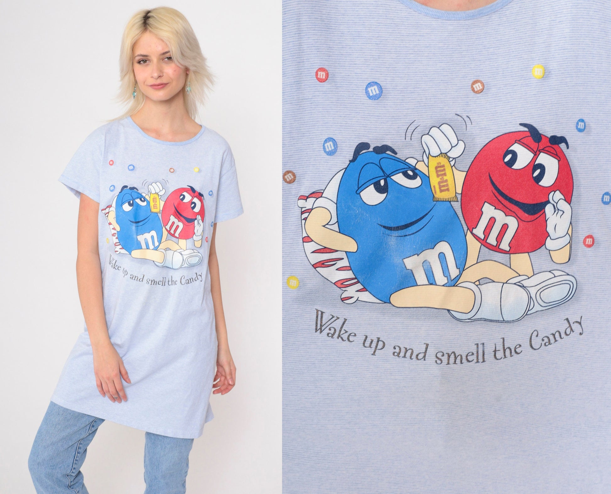 90s M&Ms T-Shirt Dress Blue Striped Graphic Pajama Dress Large XL