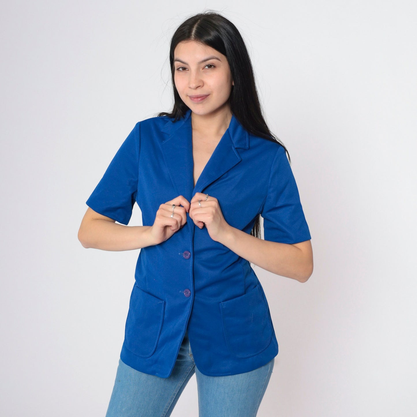 70s Royal Blue Short Sleeve Blazer Tailored Button Up Jacket Small