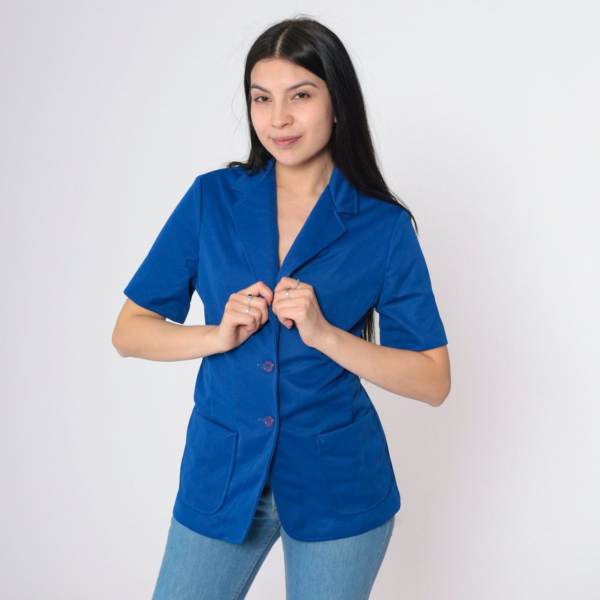 70s Royal Blue Short Sleeve Blazer Tailored Button Up Jacket Small