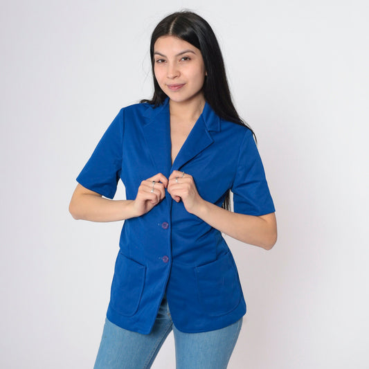 70s Royal Blue Short Sleeve Blazer Tailored Button Up Jacket Small