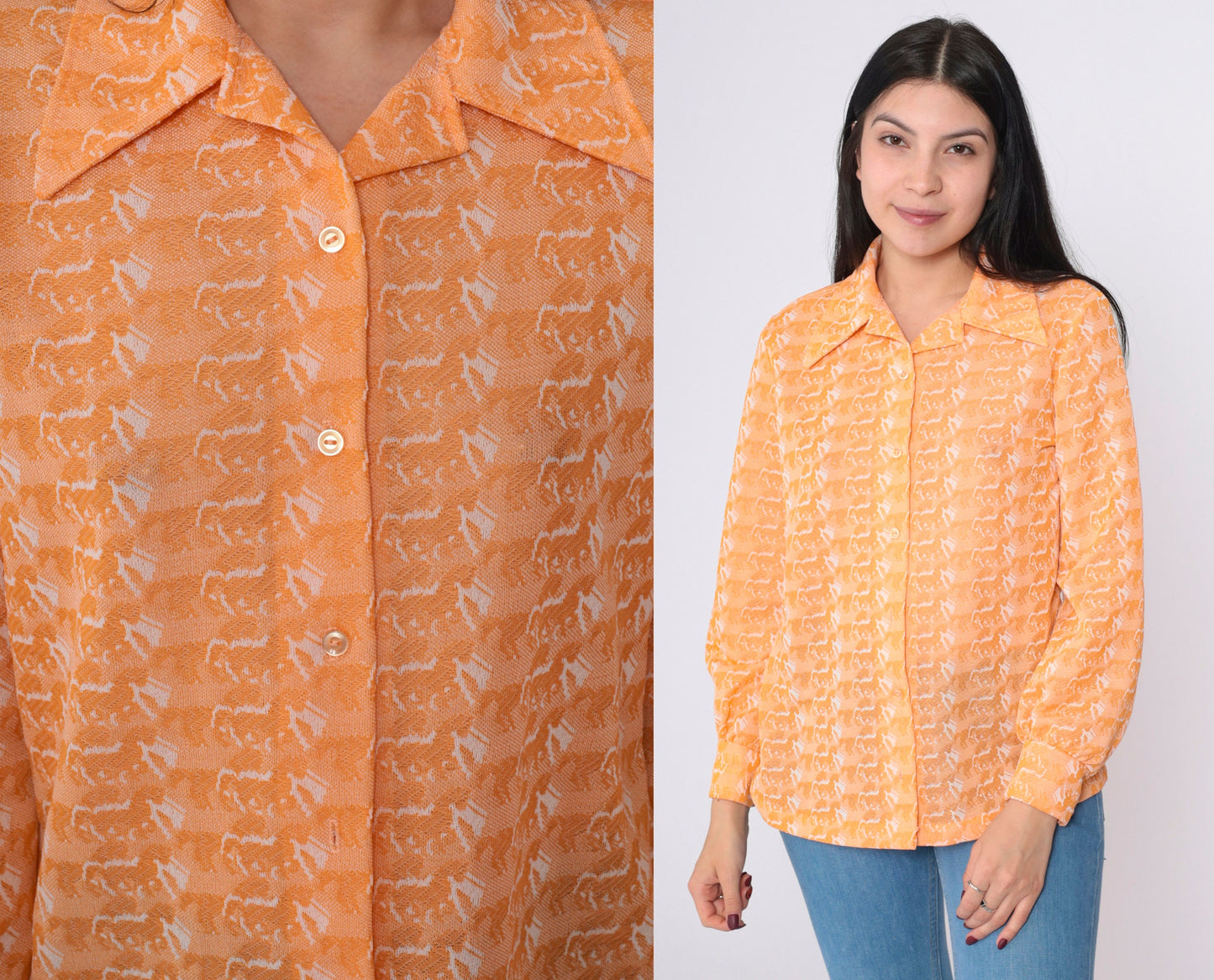 70s Horse Print Orange Button-Up Blouse Long Sleeve Psychedelic Shirt Medium