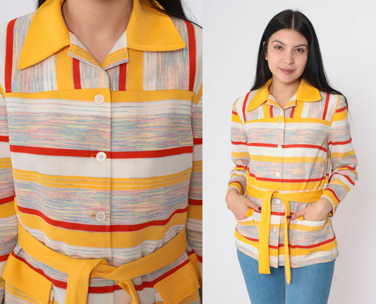 70s Yellow Red Striped Button-Up Blouse Pointed Collar Long Sleeve Small