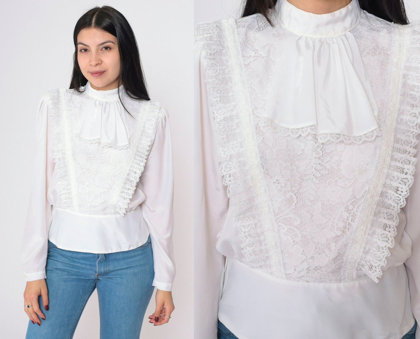 80s White Lace Jabot Blouse Puff Sleeve Button Back Shirt Small