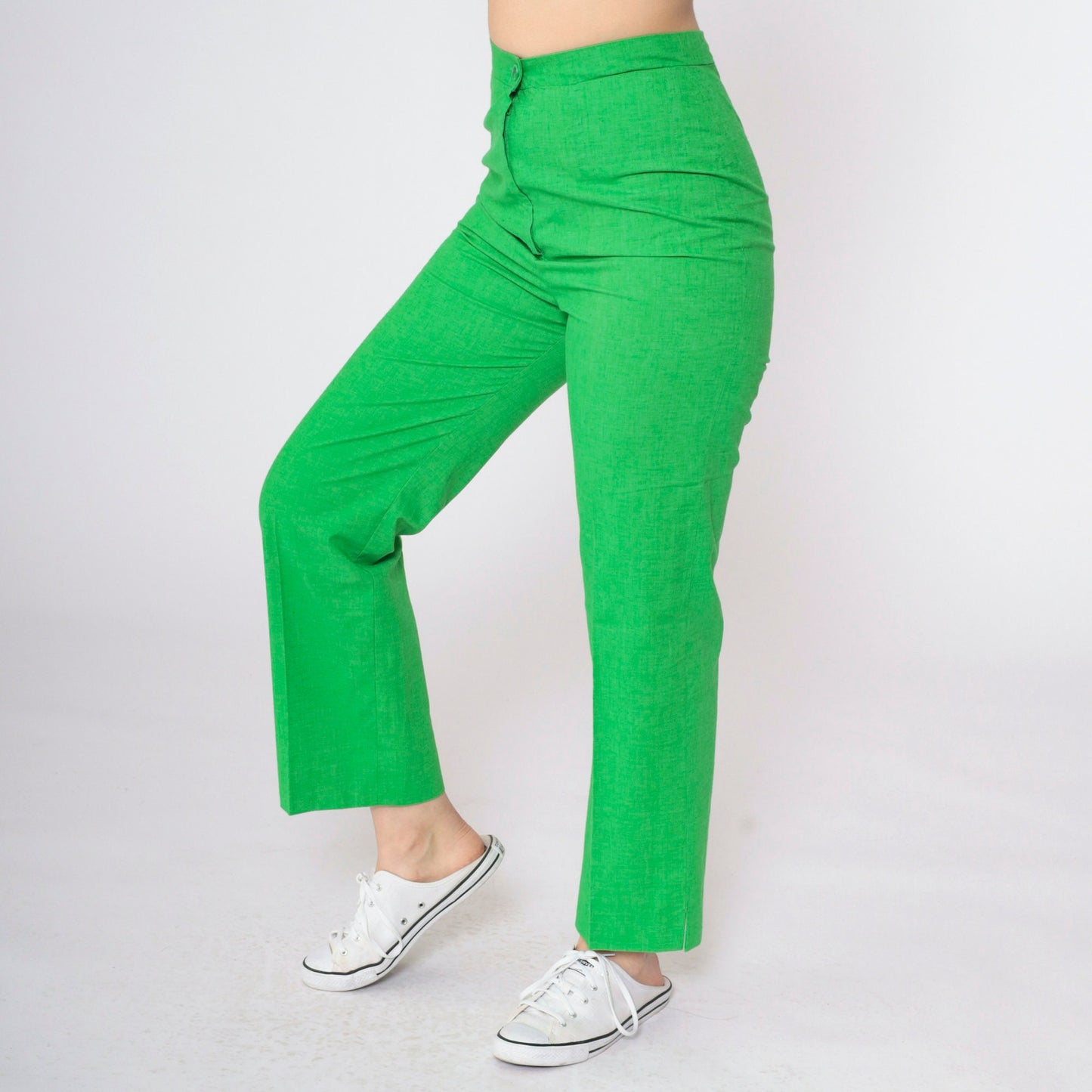 70s Lime Green Straight Leg Trousers High Rise Cotton Blend Small