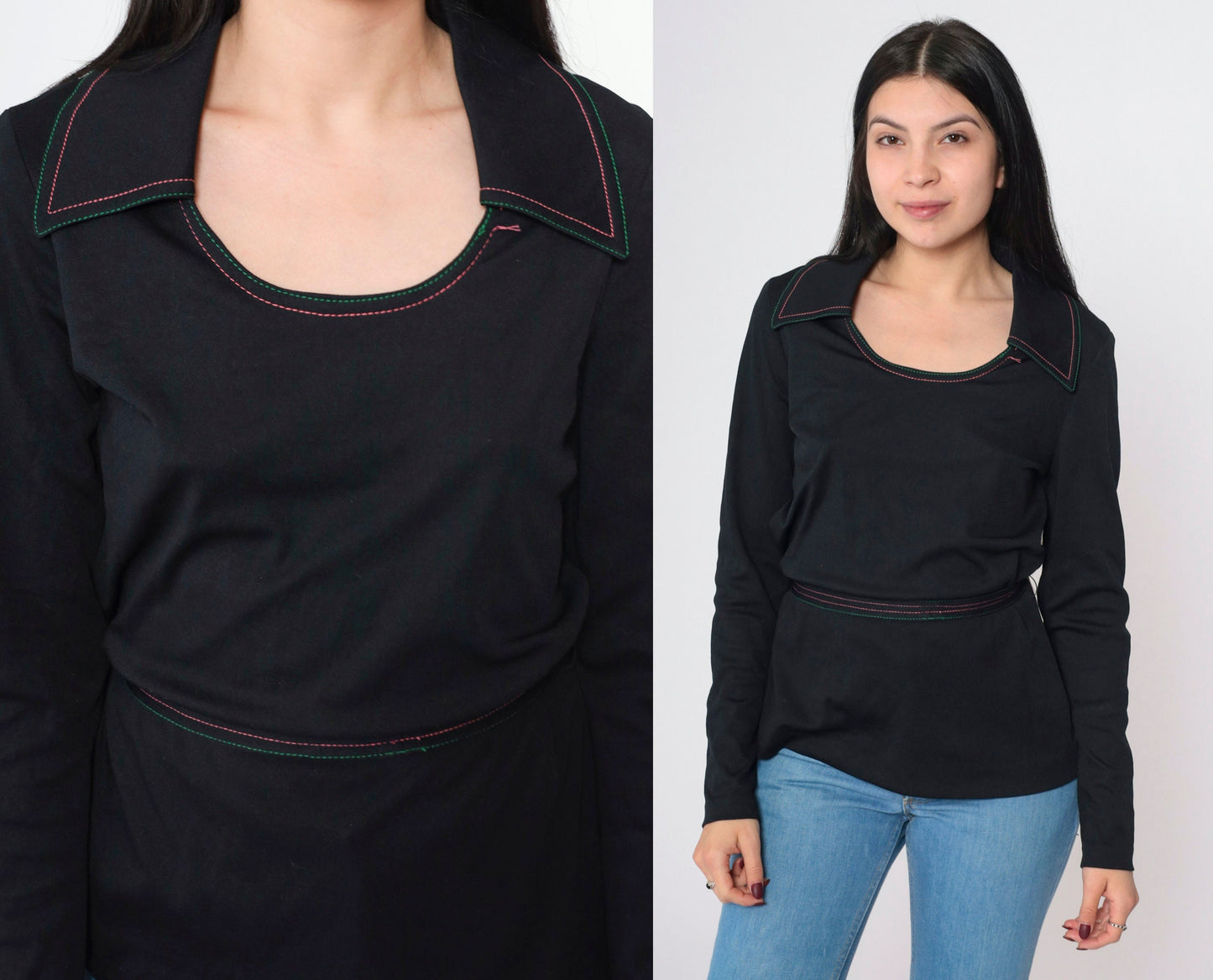 70s Black Long Sleeve Blouse Wide Collar Contrast Stitching Tie Belt Small