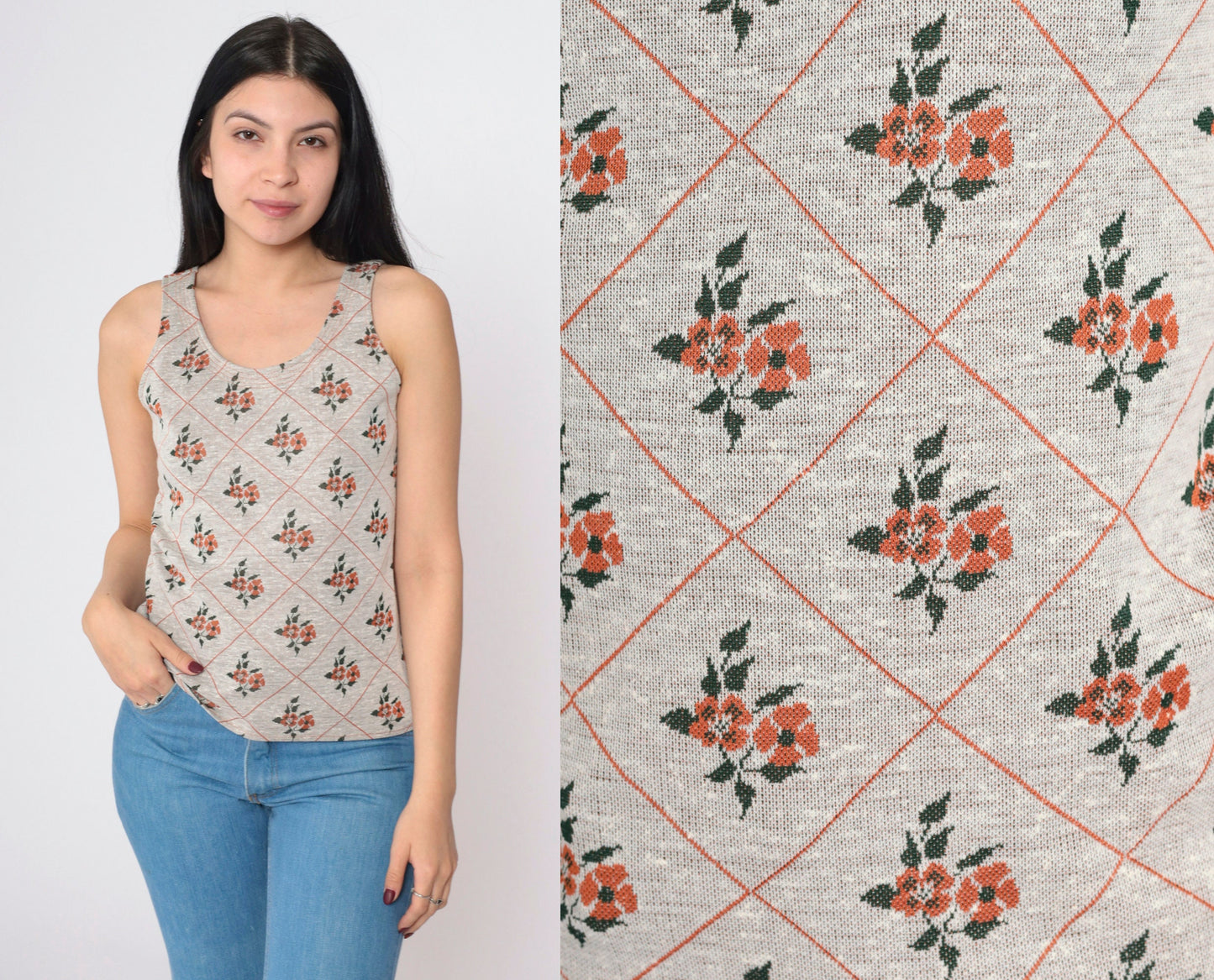 70s Floral Tank Top Scoop Neck Sleeveless Blouse Beige Orange Green Extra Small