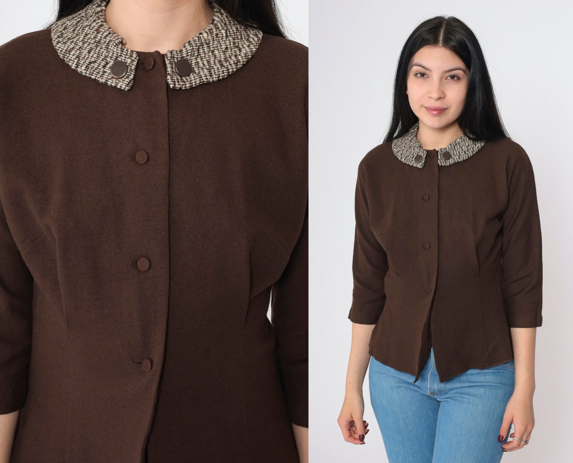 60s Brown Wool Blend Knit Collar Button-Up Top 3/4 Sleeve Small
