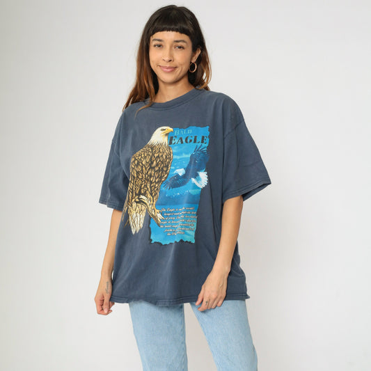 90s Bald Eagle Nature Graphic T-Shirt Navy Cotton Tee Extra Large XL