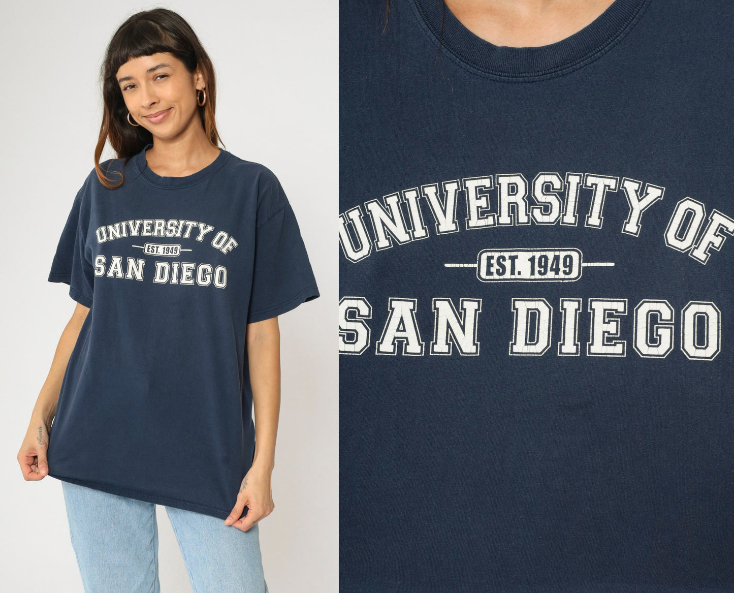 University of San Diego 00s Graphic T-Shirt Navy Cotton Crewneck Medium