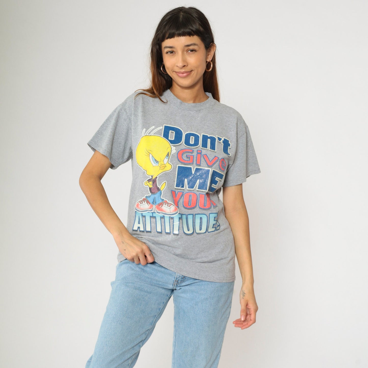 90s Tweety Bird Attitude Graphic T-Shirt Grey Warner Bros Medium