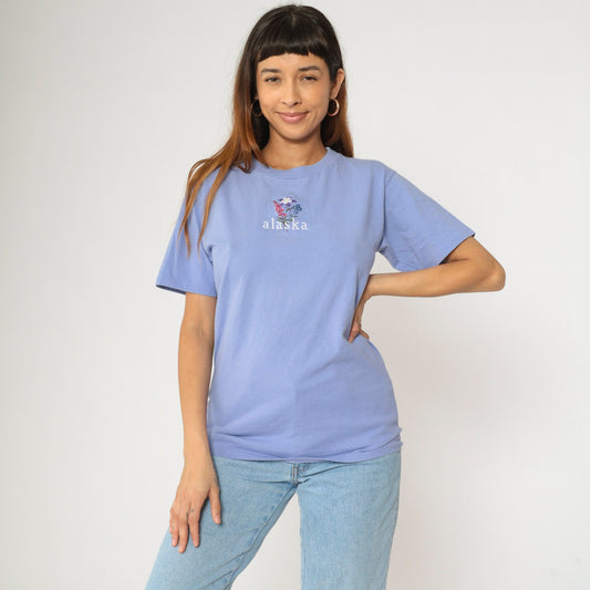 90s Alaska Floral Embroidered Periwinkle T-Shirt Cotton Graphic Tee XS