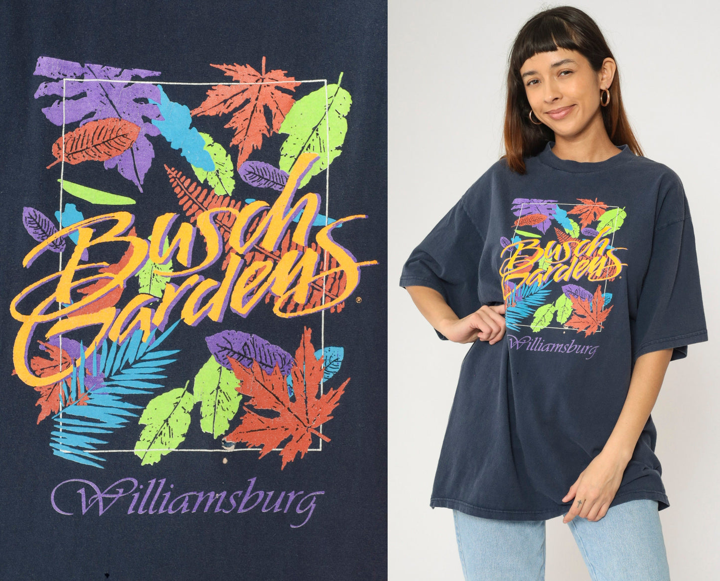 90s Busch Gardens Williamsburg Graphic Tee Navy Leaf Print Extra Large