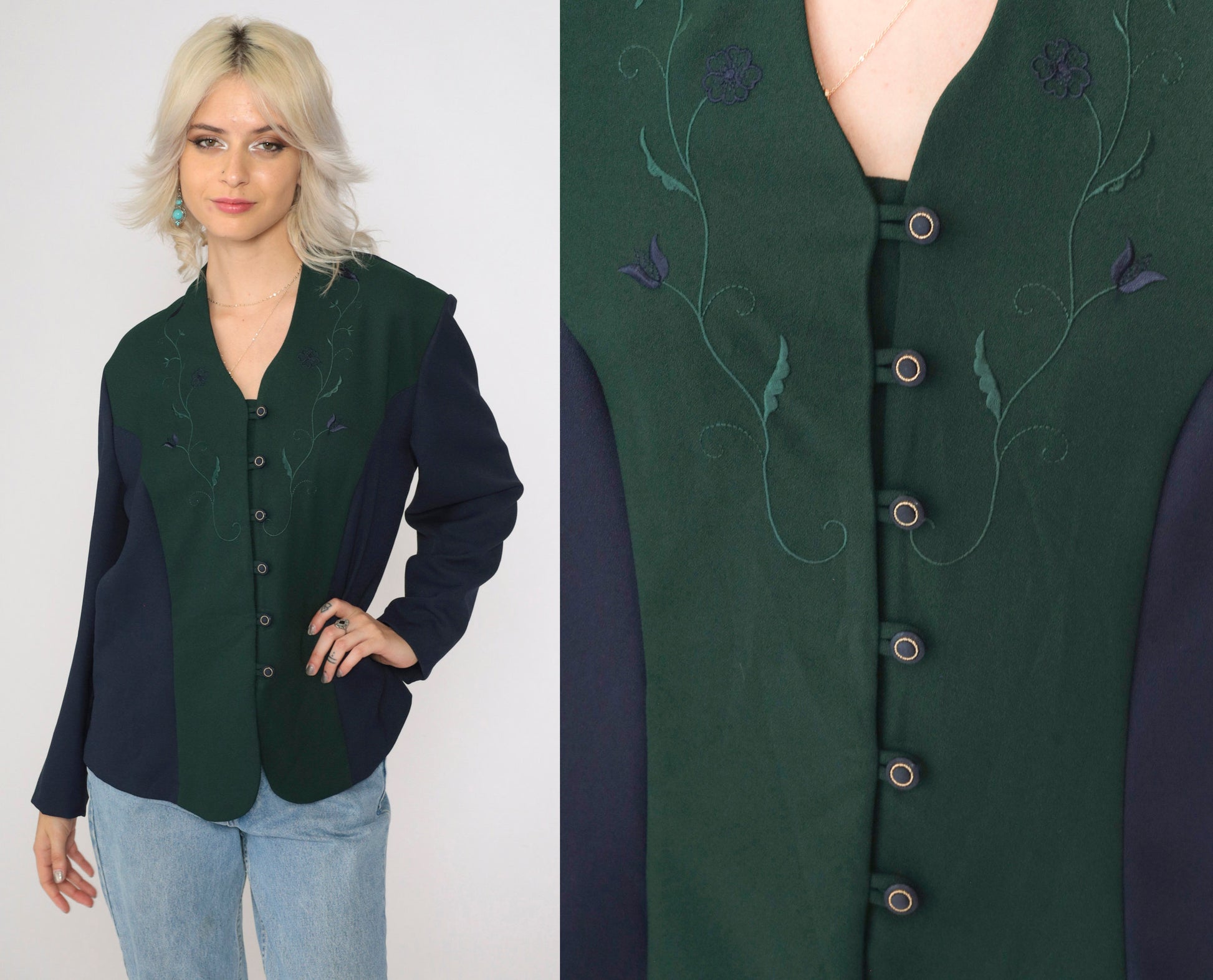 90s Pride & Joy Floral Embroidered Color Block Blouse Green Navy Large Petite