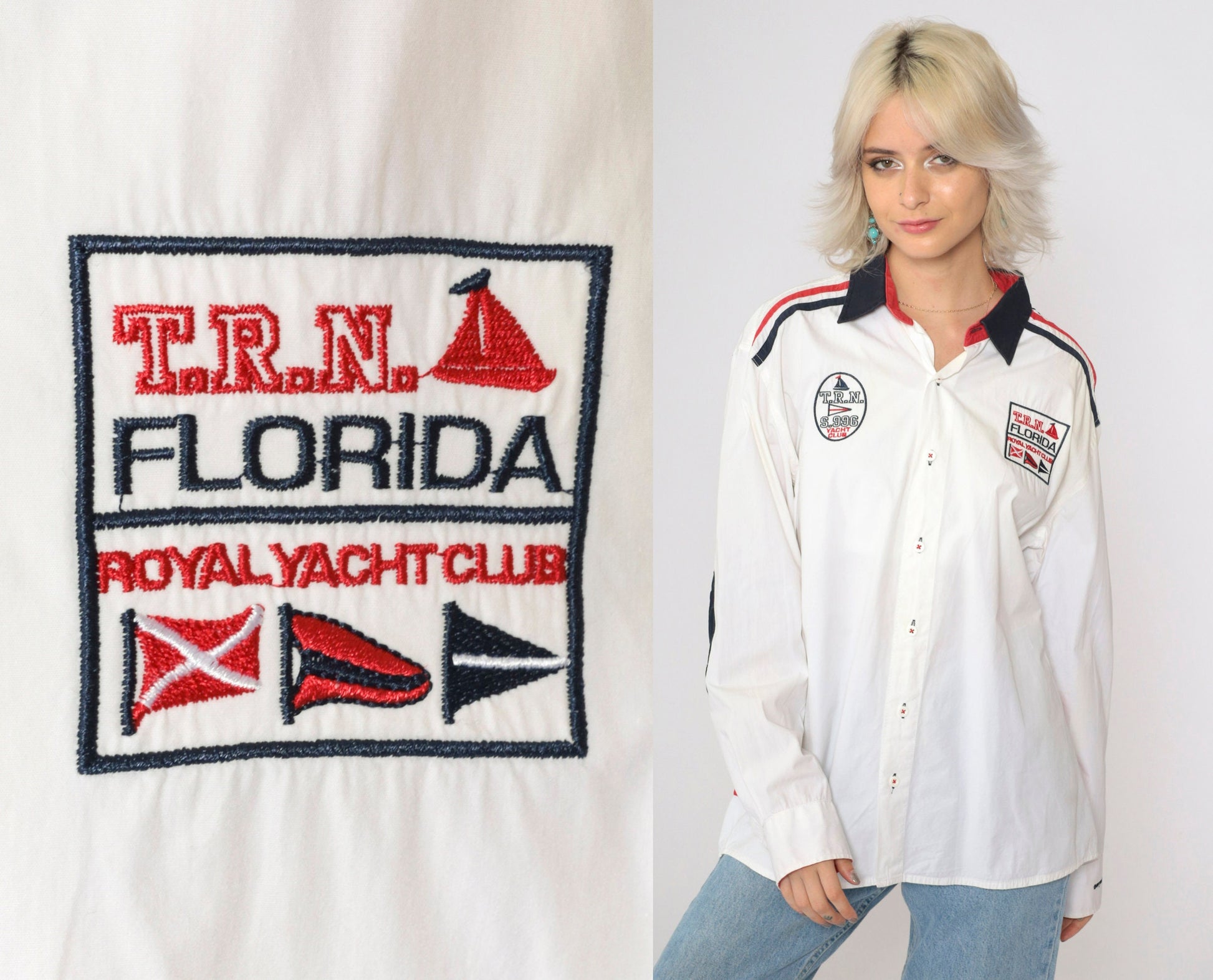 00s Royal Yacht Club Embroidered Button-Up Shirt White Patriotic American Flag Large