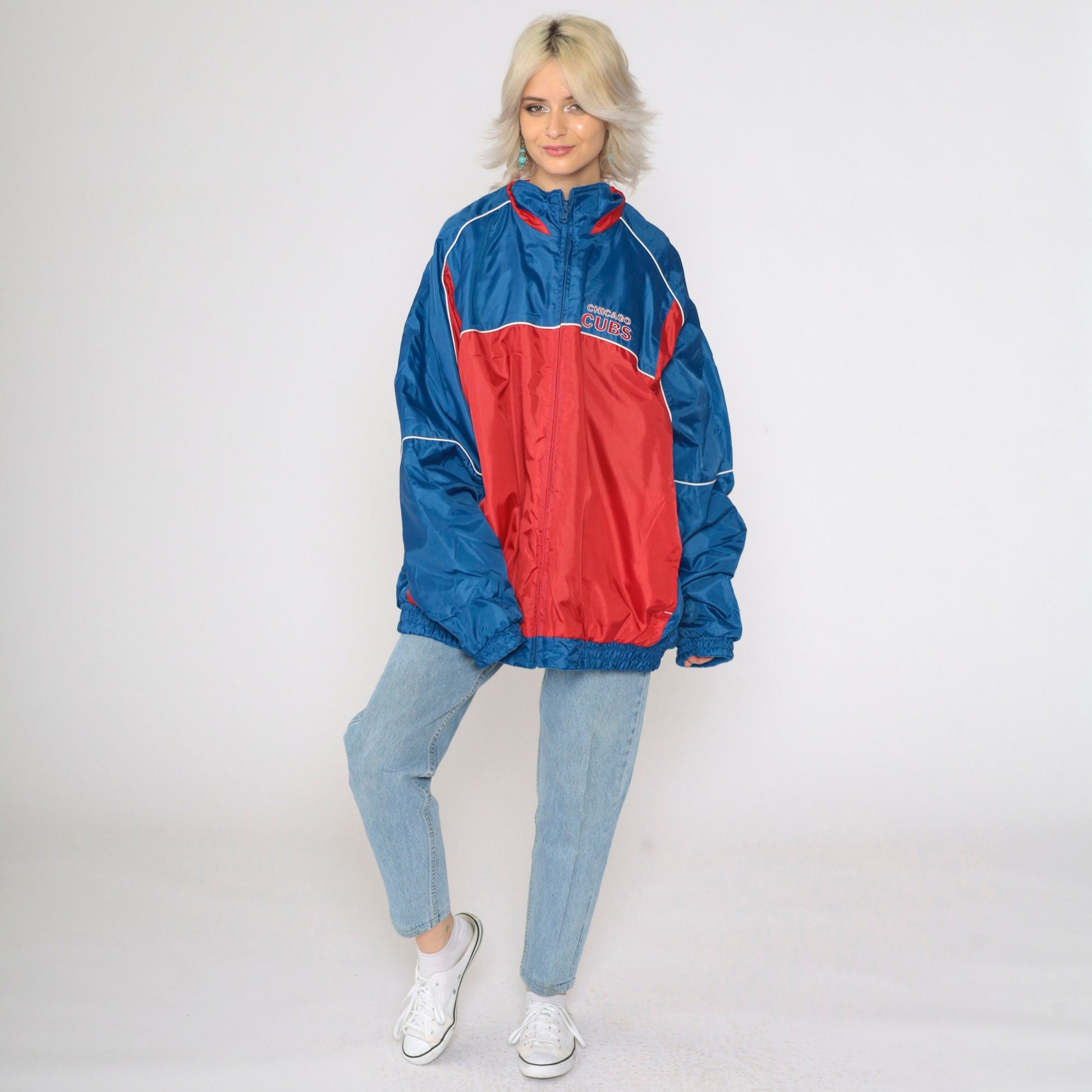 Chicago Cubs Reversible Windbreaker Fleece Jacket Red Blue Color Block XXL