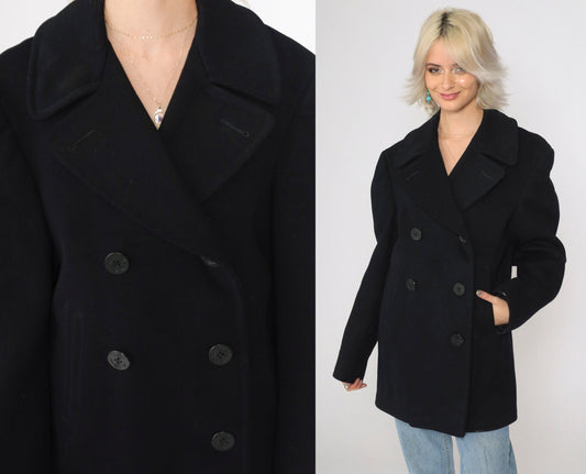 1940s US Navy Pea Coat Wool Double Breasted Black Jacket Medium 36