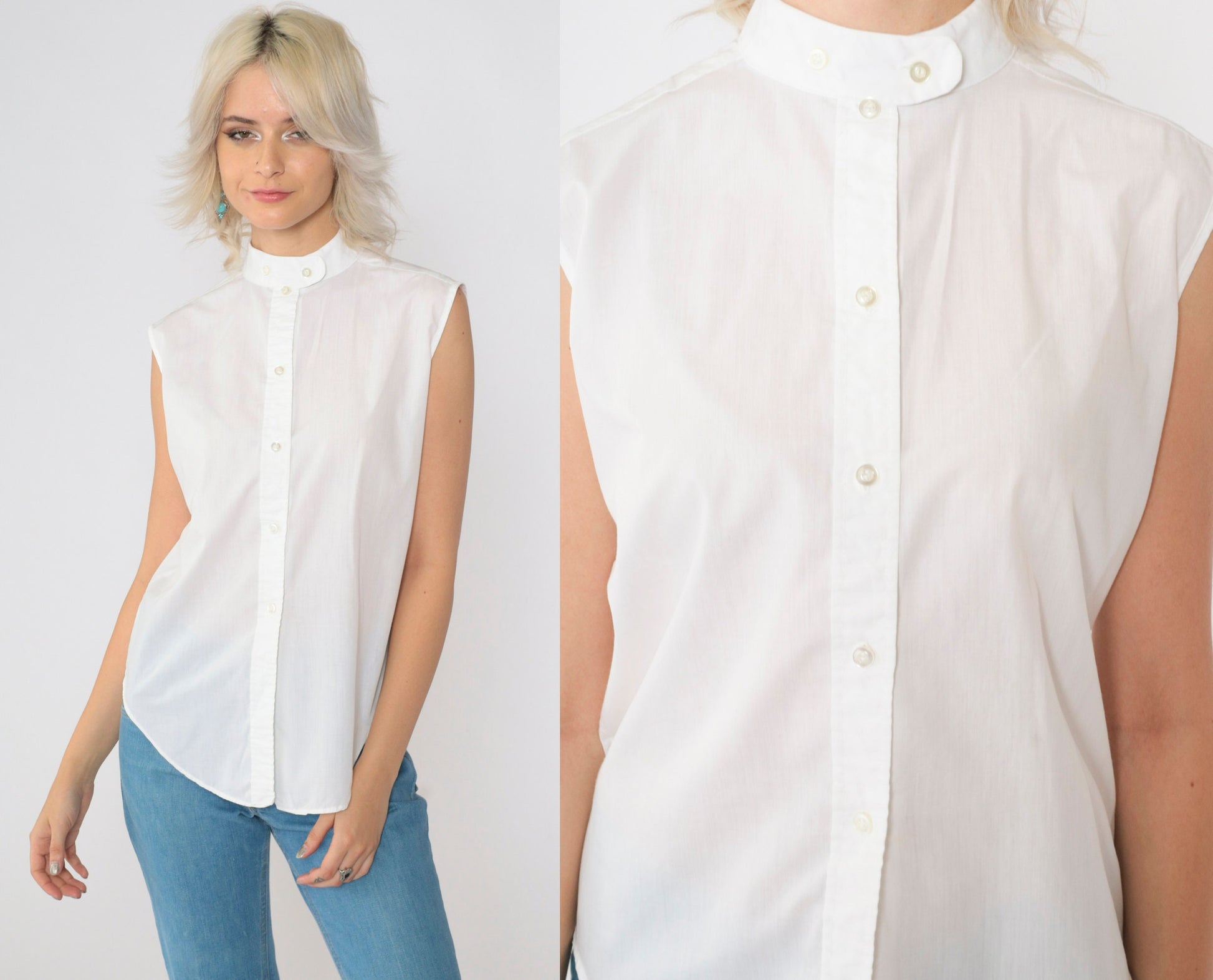 70s White Band Collar Sleeveless Button-Up Blouse Small