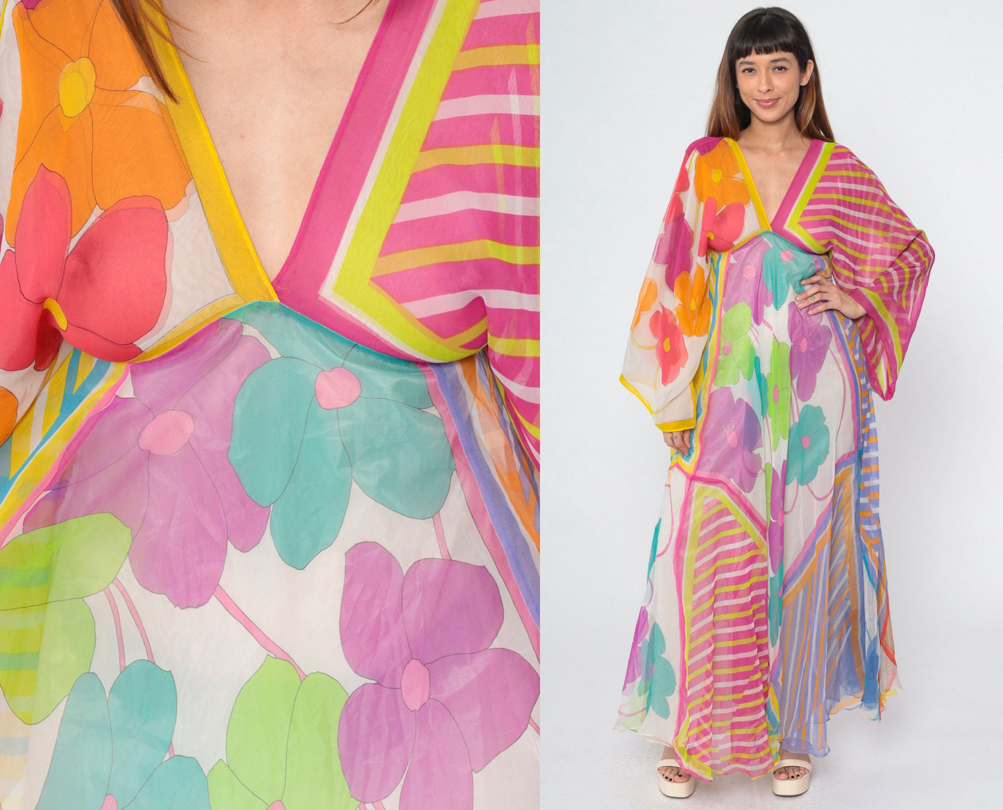 70s La Vetta Beverly Hills Floral Maxi Dress Deep V Empire Waist Kimono Sleeve Small
