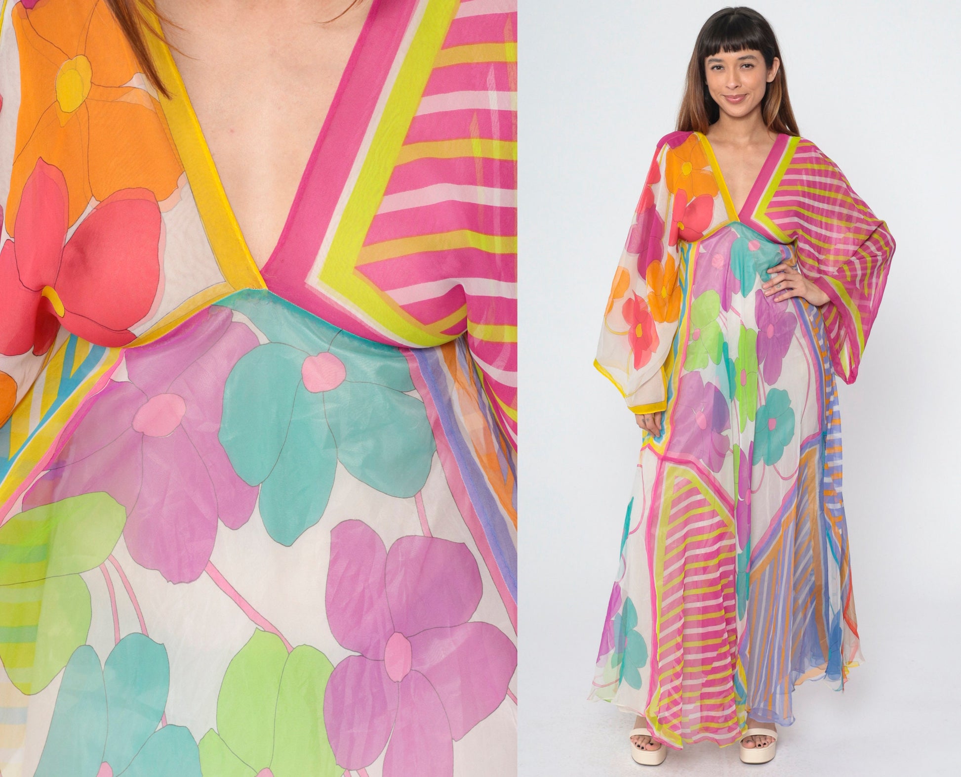 70s La Vetta Beverly Hills Floral Maxi Dress Deep V Empire Waist Kimono Sleeve Small