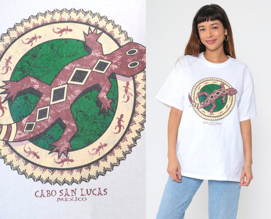 90s Cabo San Lucas Gecko Graphic T-Shirt White Cotton Crewneck Extra Large XL