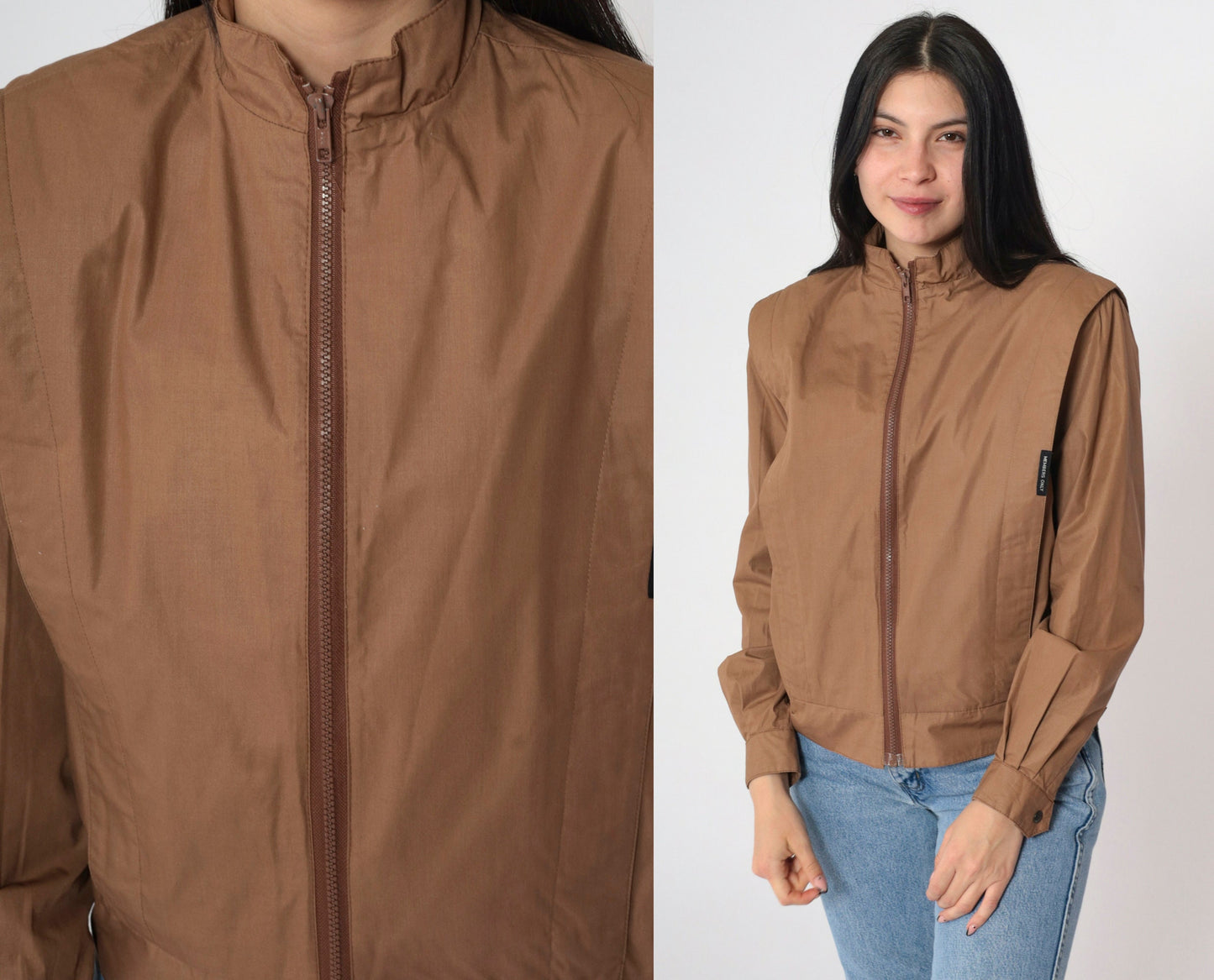 80s Members Only Brown Bomber Jacket Structured Pleats High Collar Small