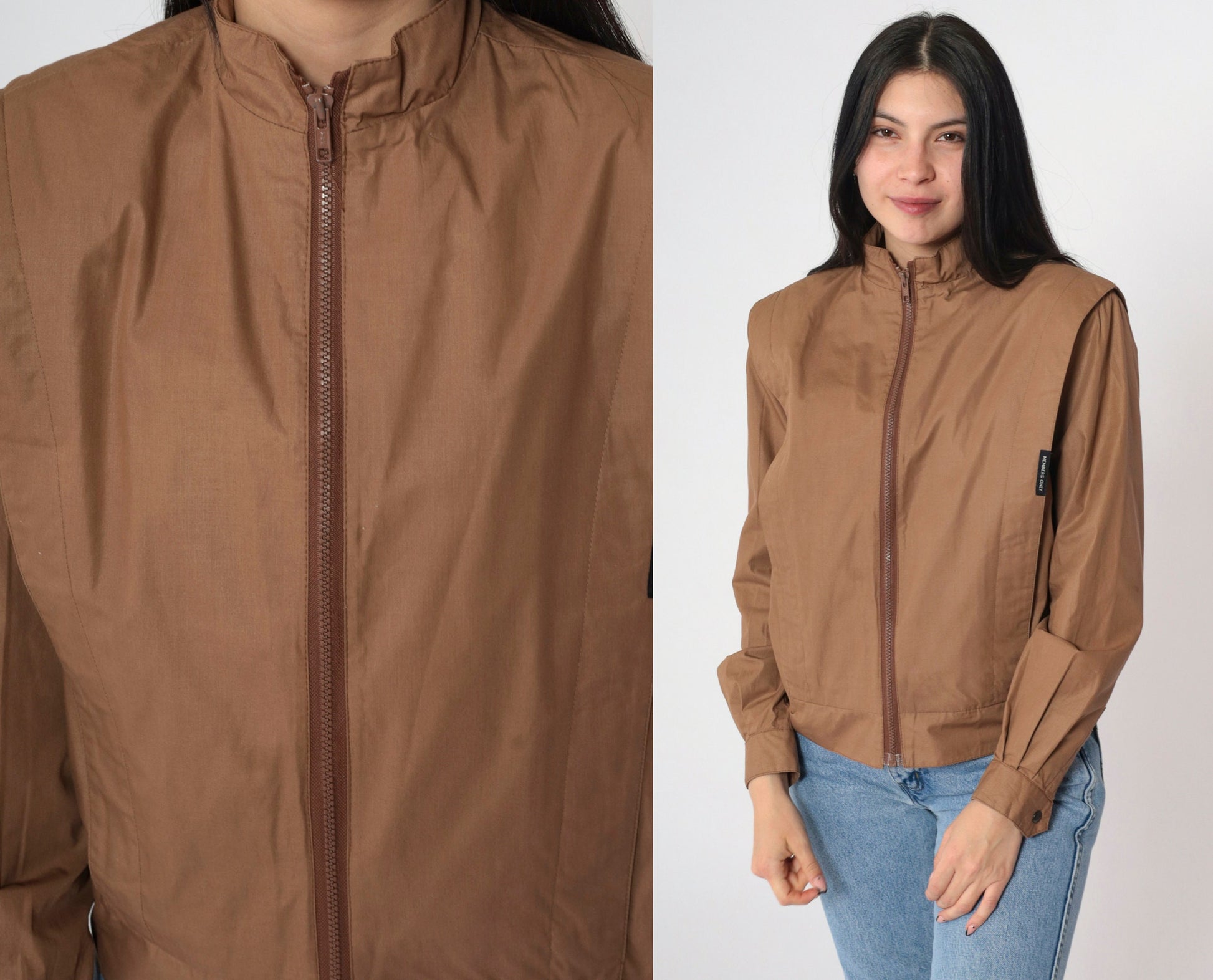 80s Members Only Brown Bomber Jacket Structured Pleats High Collar Small