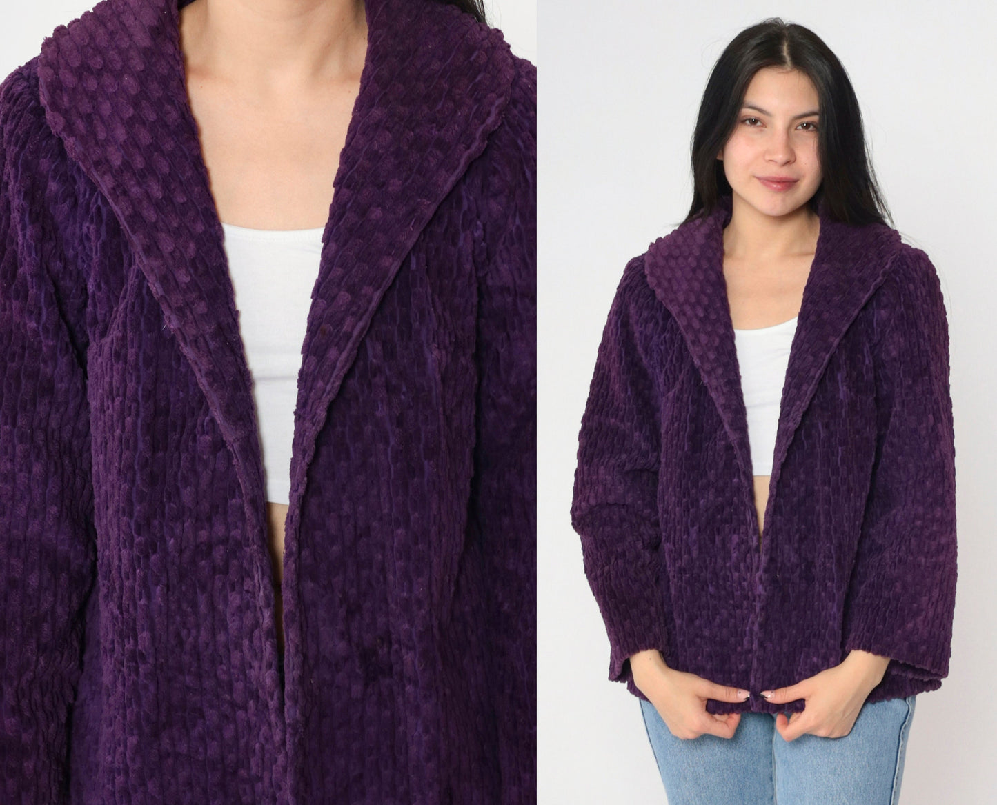 80s Deep Purple Plush Textured Blazer Shawl Collar Open Front Small