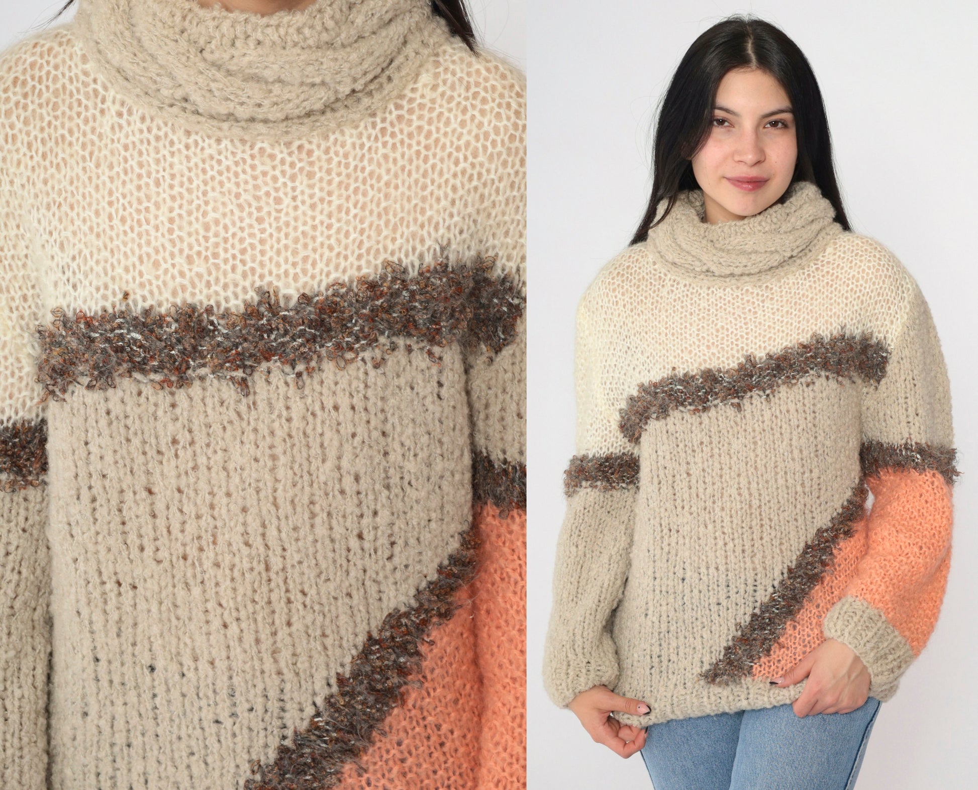 80s Color Block Turtleneck Sweater Beige Openwork Knit Geometric Pullover Small