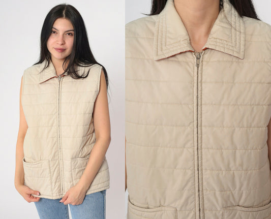 80s Beige Puffer Vest Zip-Up Sleeveless Jacket Rust Lining Medium