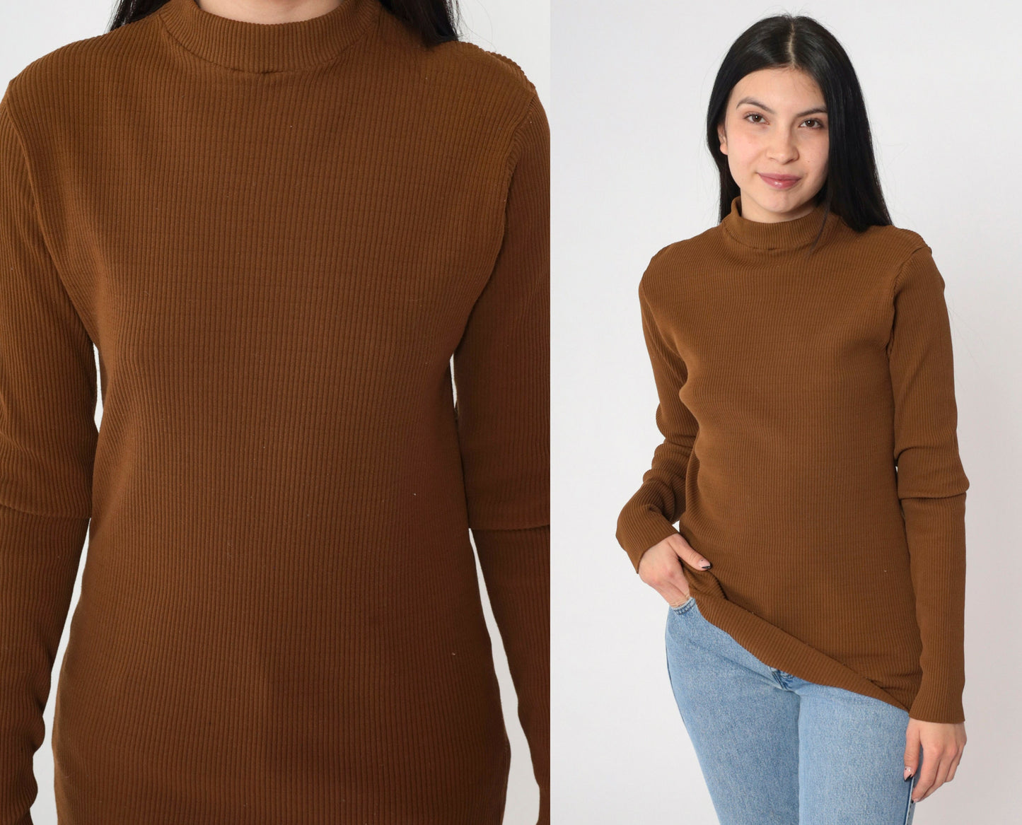 90s Brown Ribbed Knit Mock Neck Long Sleeve Top Small Medium