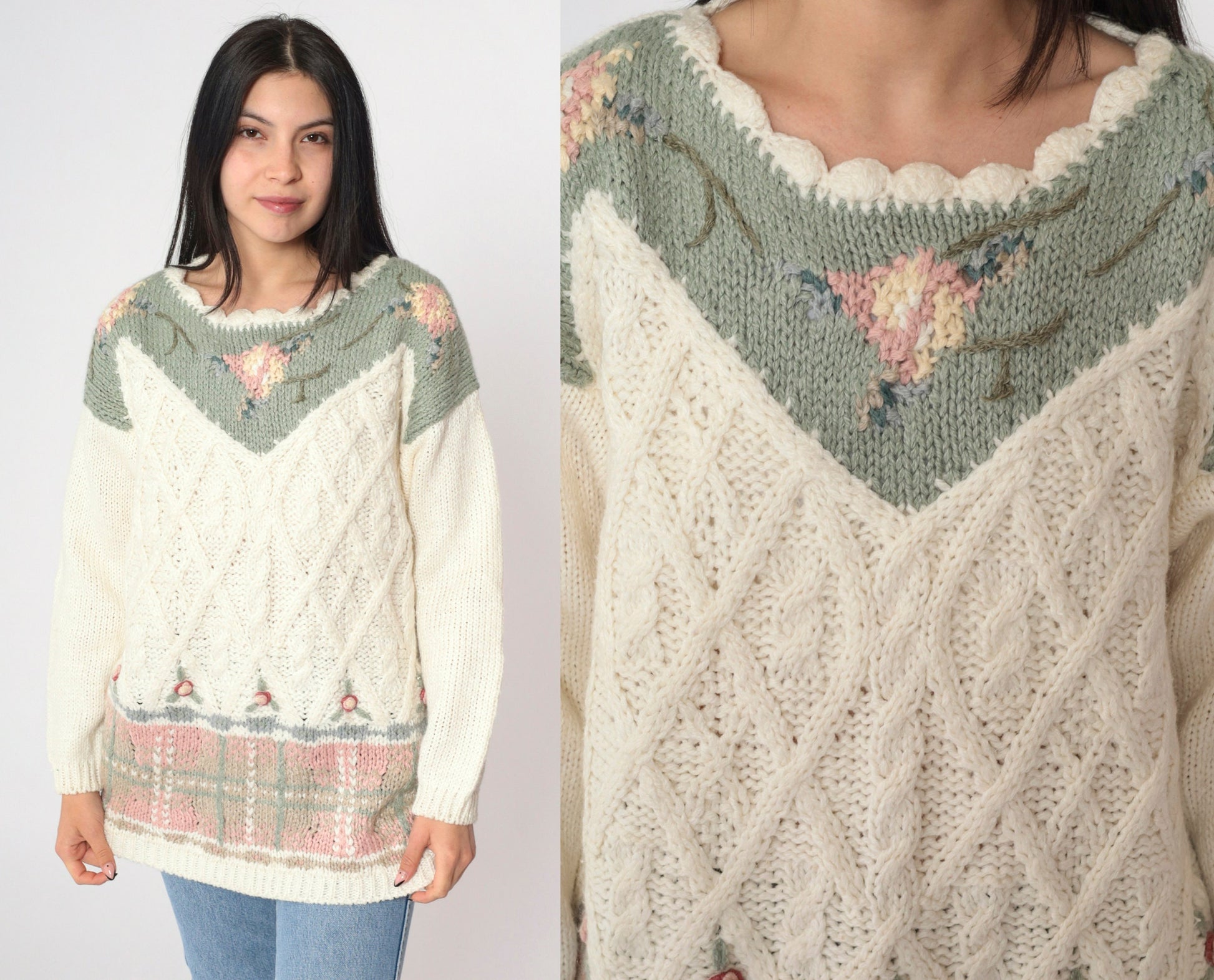 90s Casual Corner Hand-Knit Floral Sweater Cream Green Pink Large
