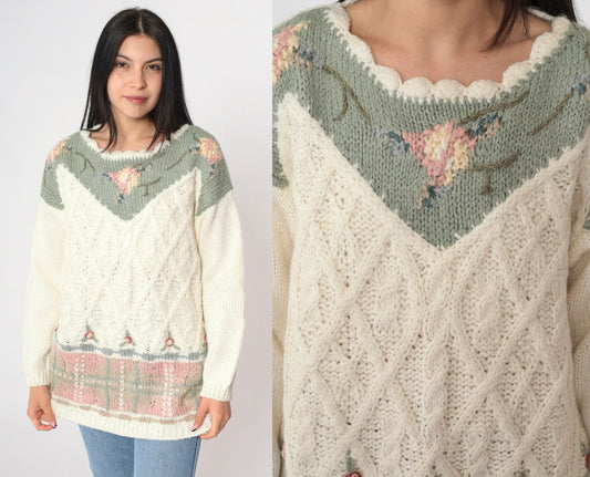 90s Casual Corner Hand-Knit Floral Sweater Cream Green Pink Large