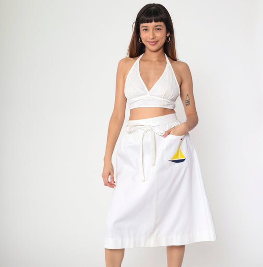 70s Nautical Wrap Skirt White Sailboat Pocket Midi High Waist Small