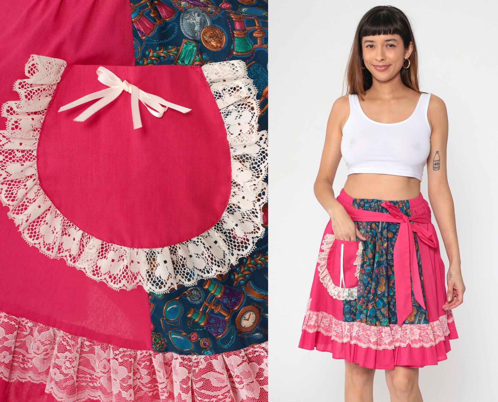 80s Patchwork Midi Skirt Pink Blue Binocular Print High-Waisted Lace Trim Medium