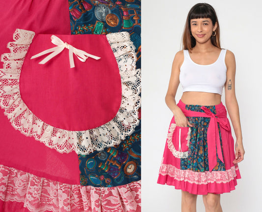 80s Patchwork Midi Skirt Pink Blue Binocular Print High-Waisted Lace Trim Medium