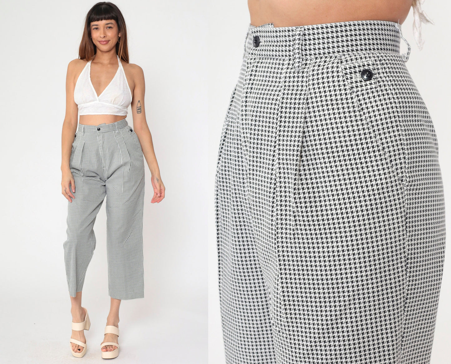 90s Houndstooth Cropped Trousers High Waist Pleated Black White Small