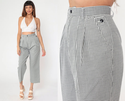 90s Houndstooth Cropped Trousers High Waist Pleated Black White Small