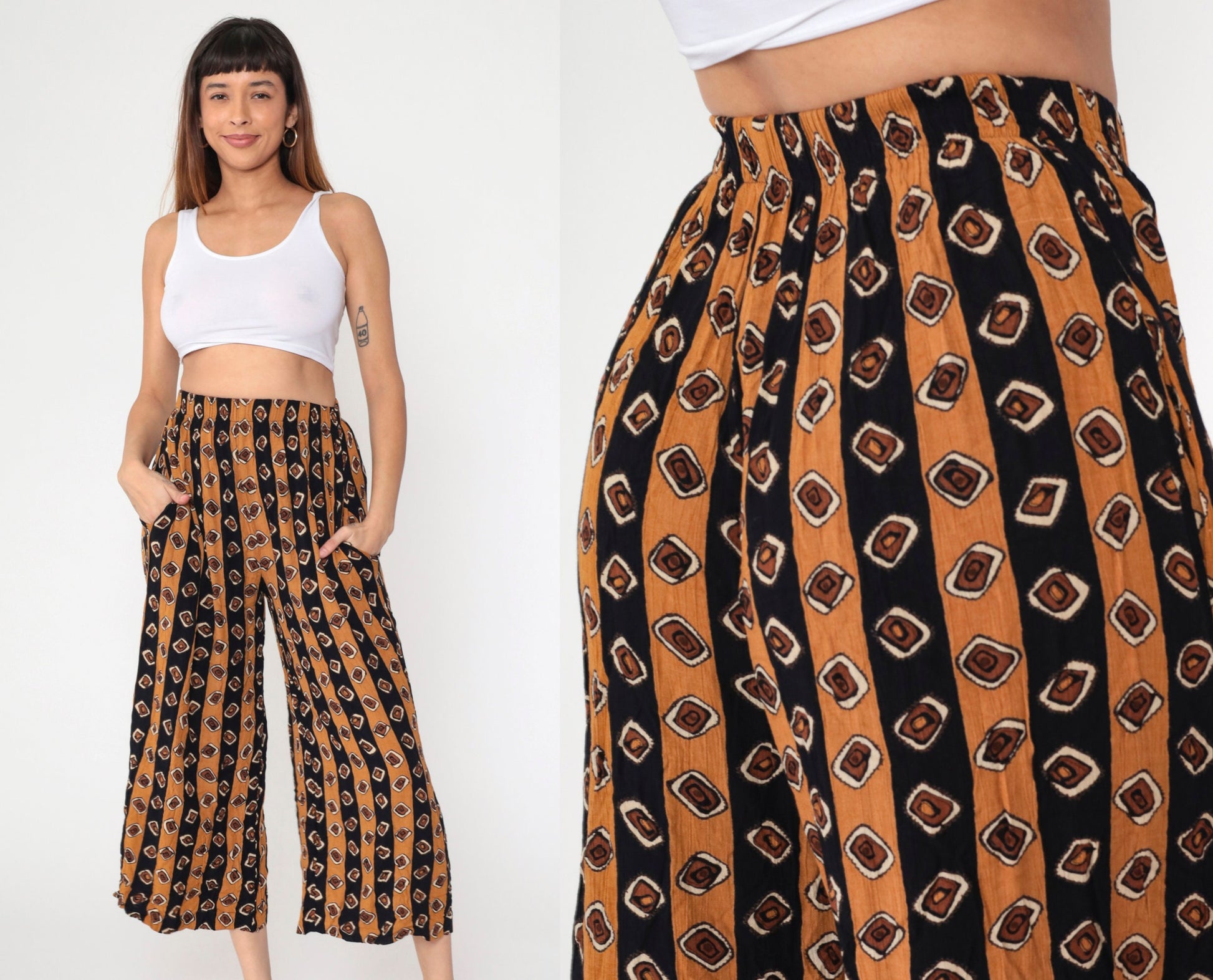 90s Geometric Striped Rayon Capri Pants Burnt Orange Black Elastic Waist XS