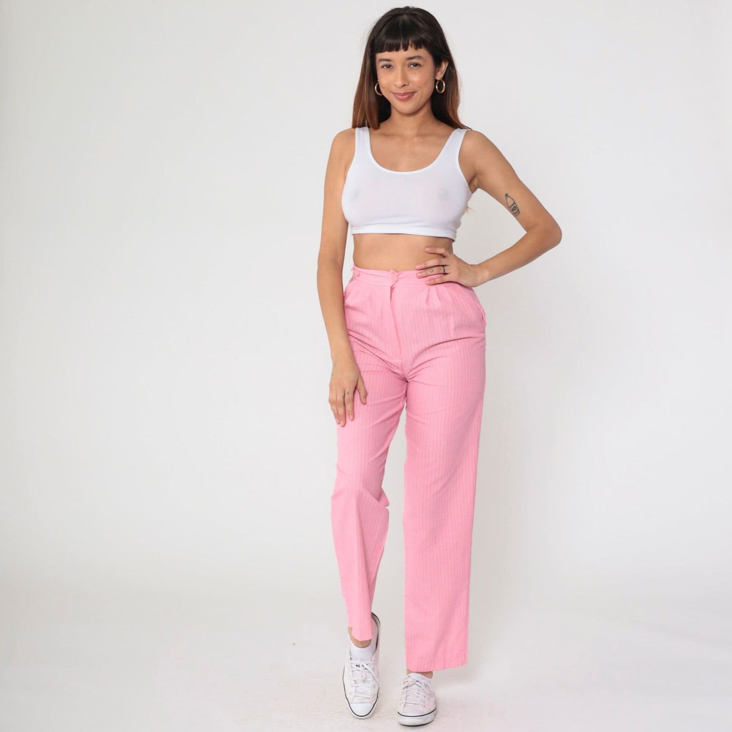 80s Pink Pinstripe High-Rise Pleated Trousers Straight Leg Small