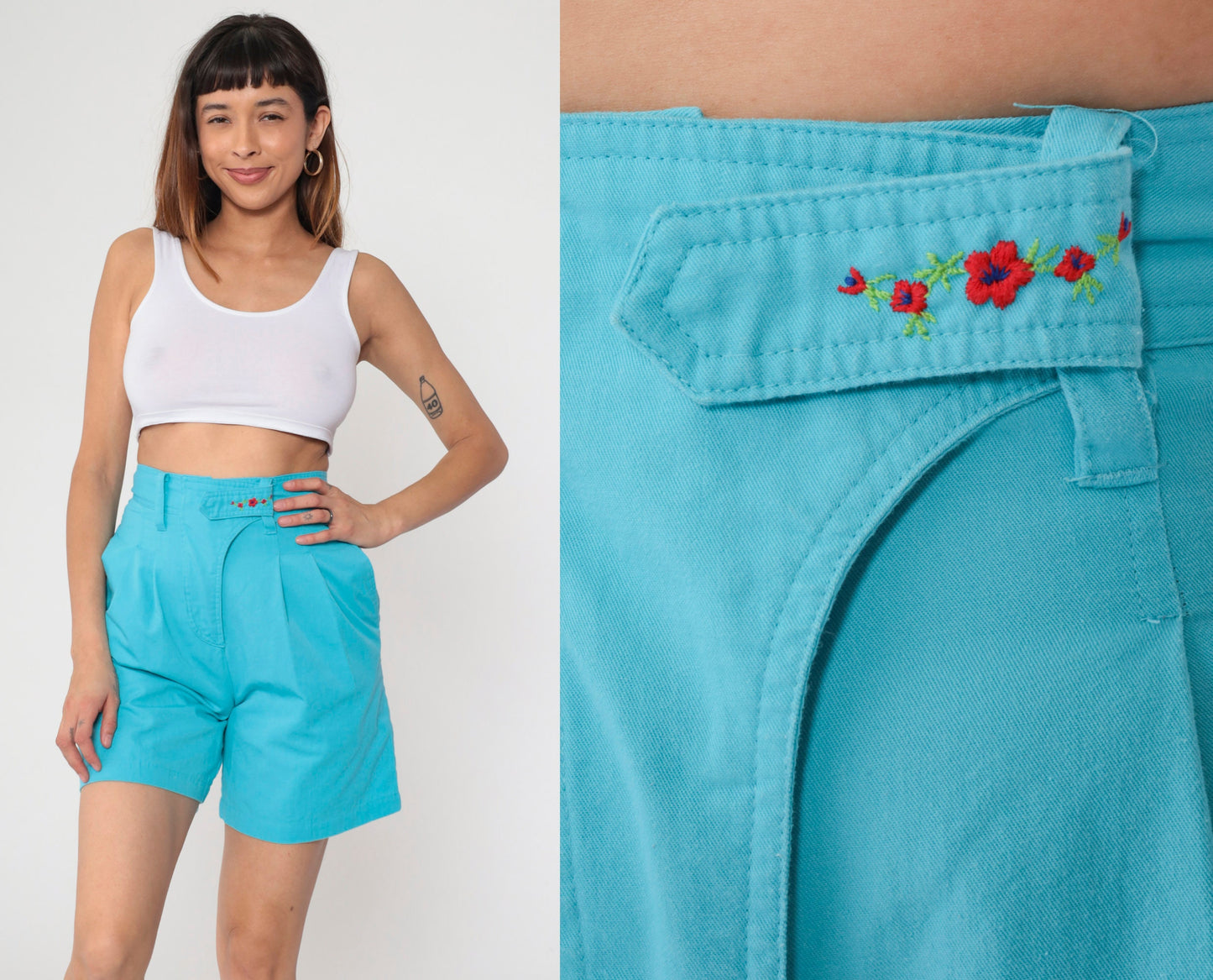 90s Turquoise Pleated High-Waist Shorts Floral Embroidered Small